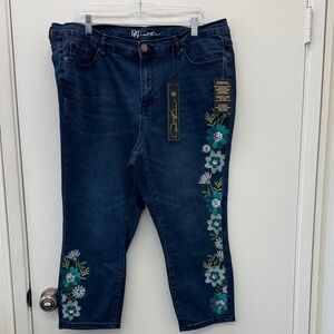 DG2 Embroidered Blue Capri Jeans with Floral Design
